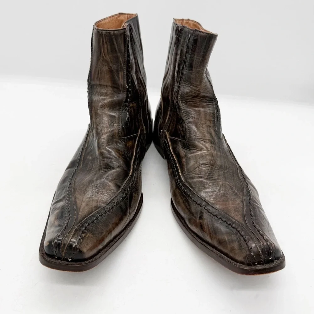 Bacco Bucci Brown Distressed Leather Western Ankle Boot Size 13 Square Toe
